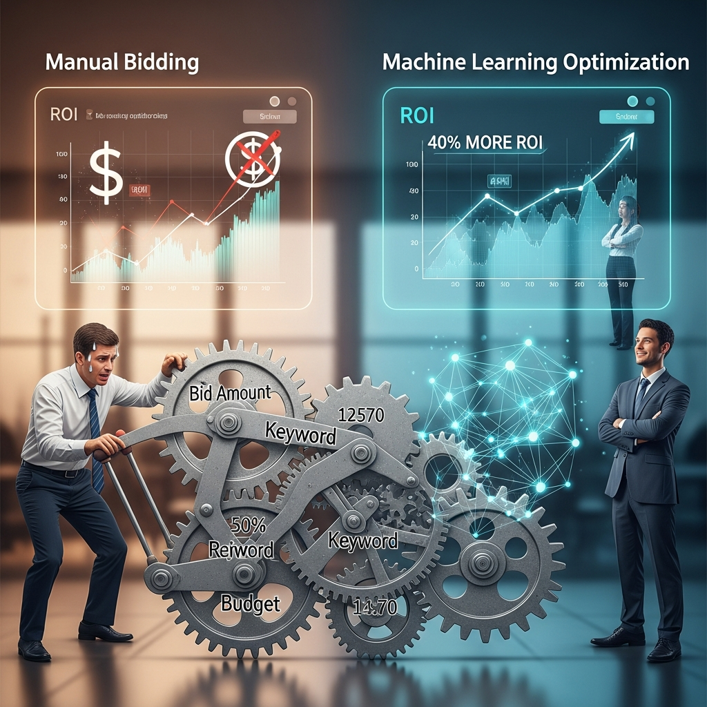 Visual for Bid Optimization via Machine Learning: Why Manual Bidding is Costing You 40% More ROI.